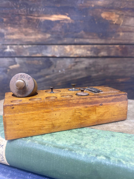 Vintage Apothecary Weights in Wooden Container
